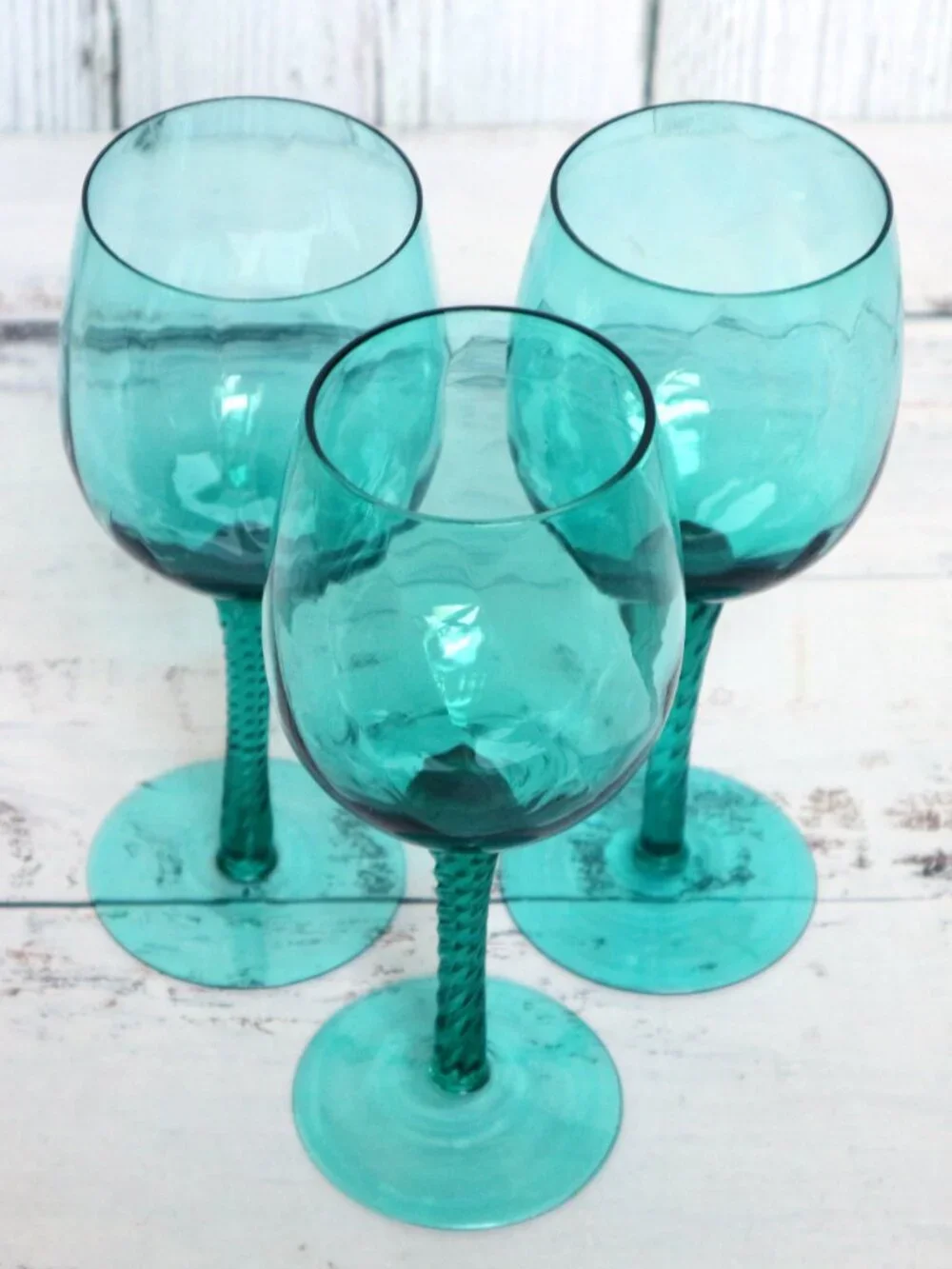 Vintage Empoli Italian Hand-Blown Optic Swirl Twisted Stem Wine Glasses Aqua